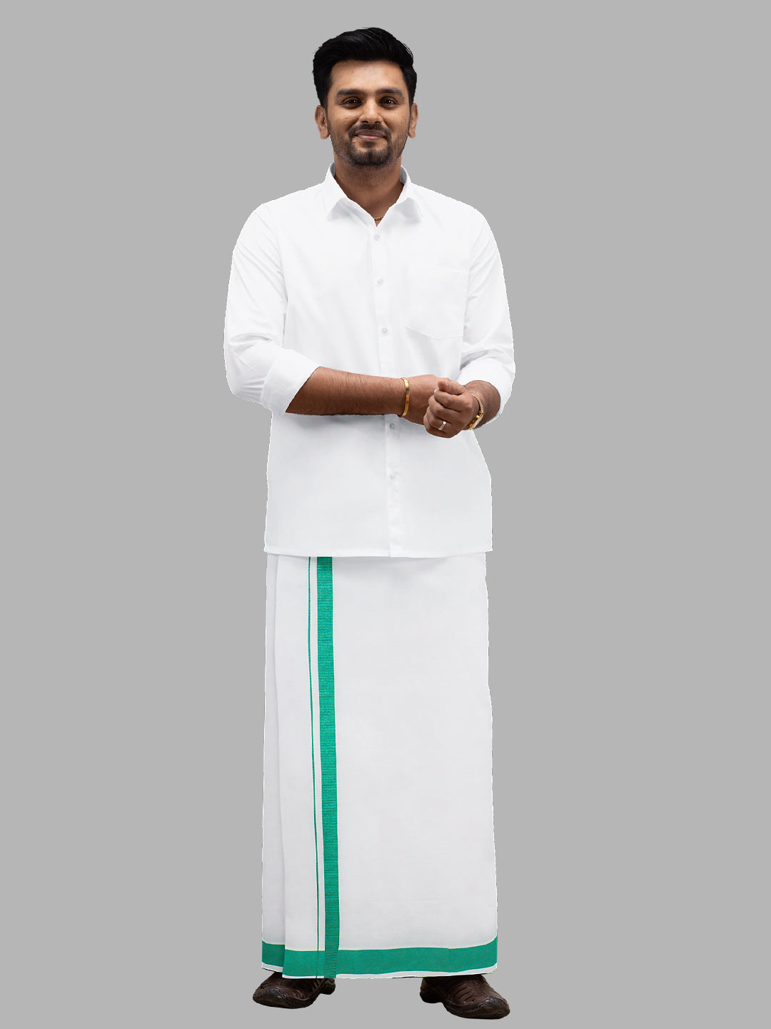 Men Cotton Blend Readymade Single Layer White Dhoti with Big Border GACS7