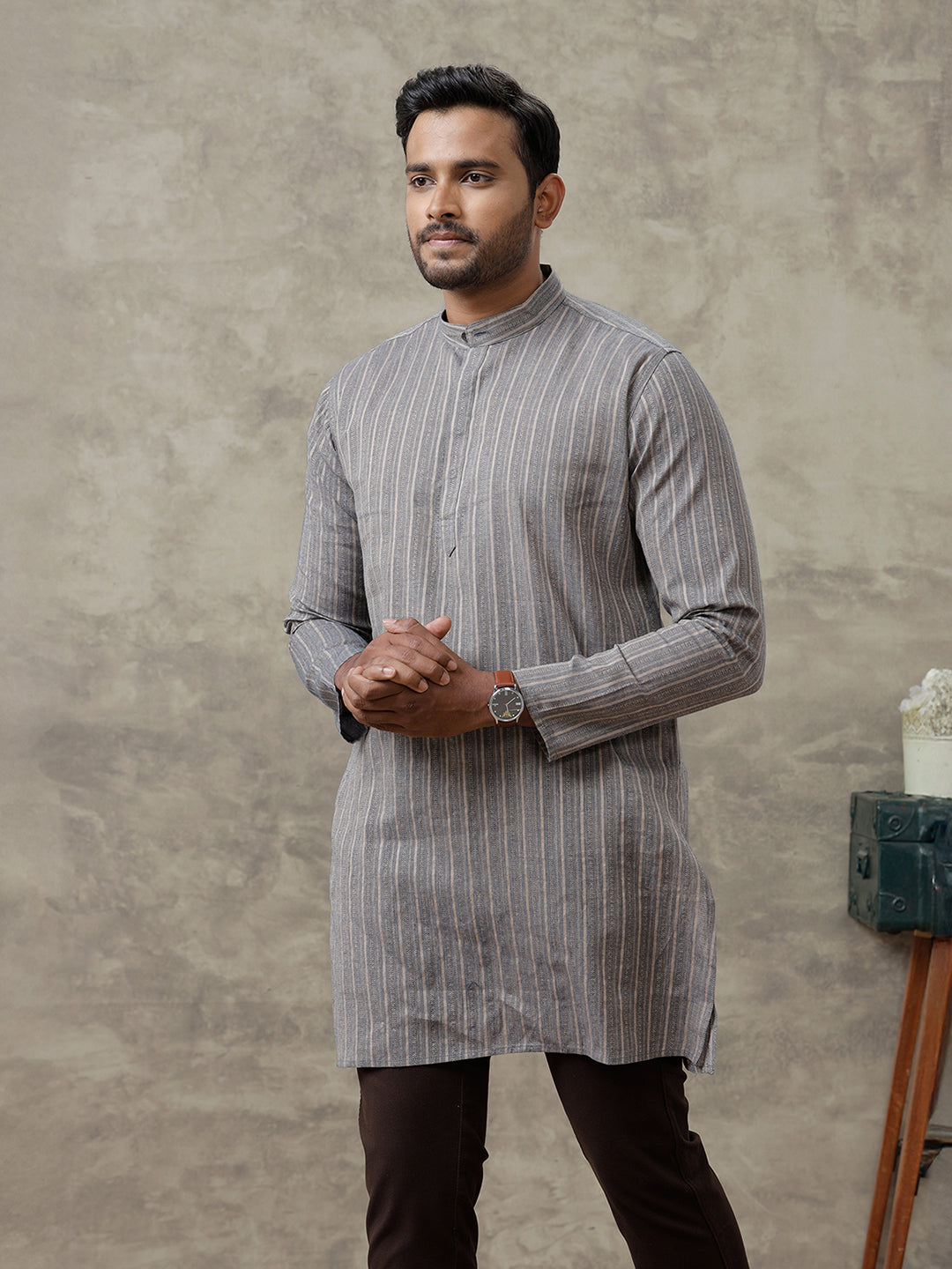 Men Cotton Medium Length Striped Pocket Kurta Brownish Blue RH14