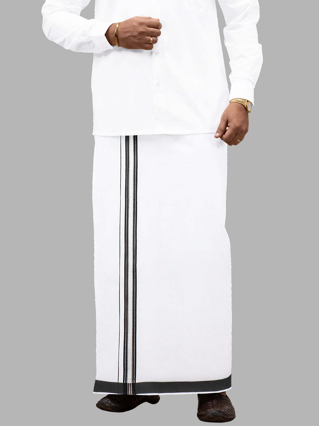 Men Cotton Blend Single Layer White Dhoti with Fancy Jari Border