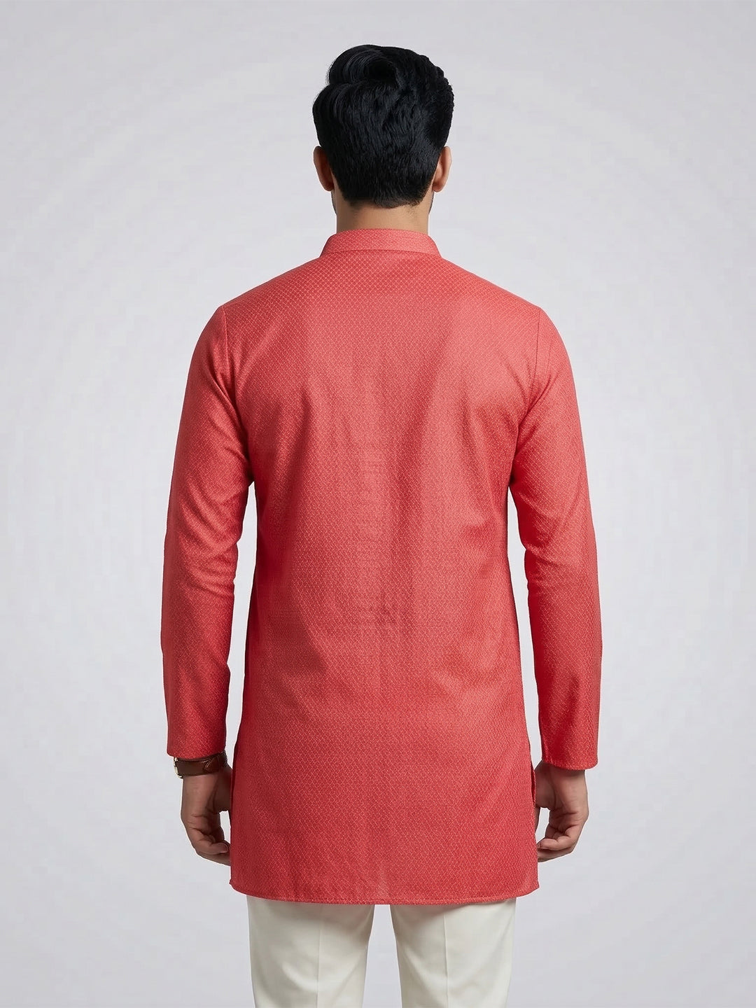 Men Cotton Medium Length Printed Pocket Kurta Reddish Pink MHJ3