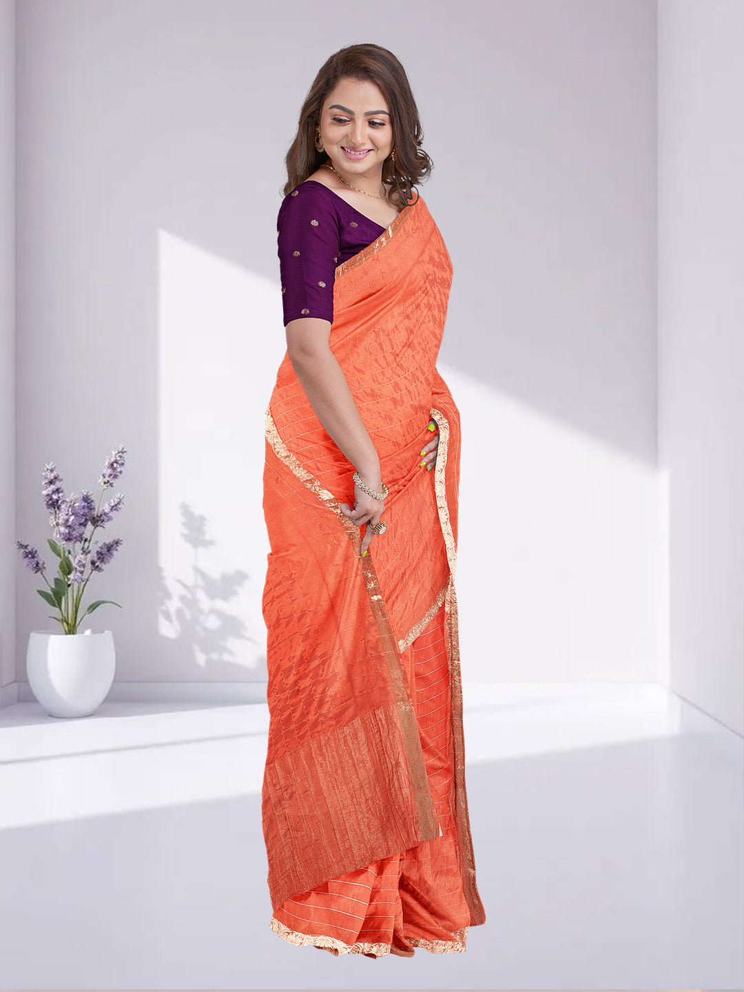 Women Orange Semi Silk Saree SS345