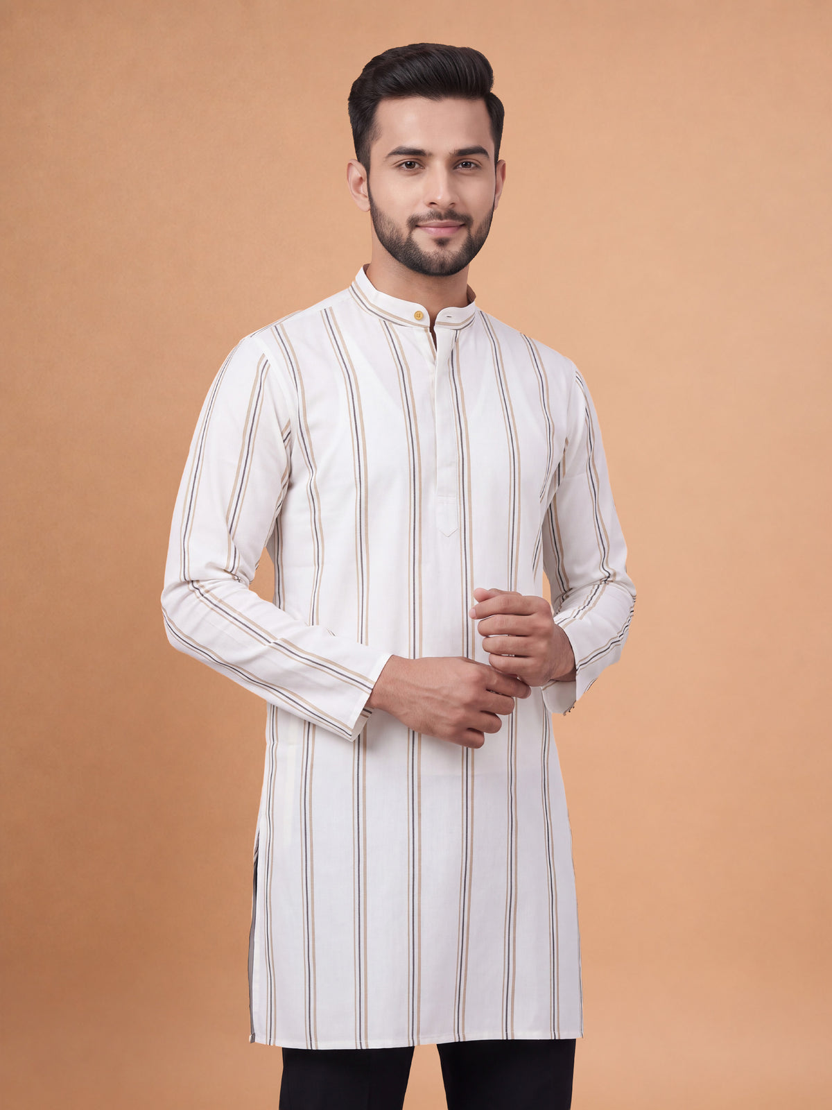 Cotton Medium Length Cream Tri Stripe Pocket Kurta RS14