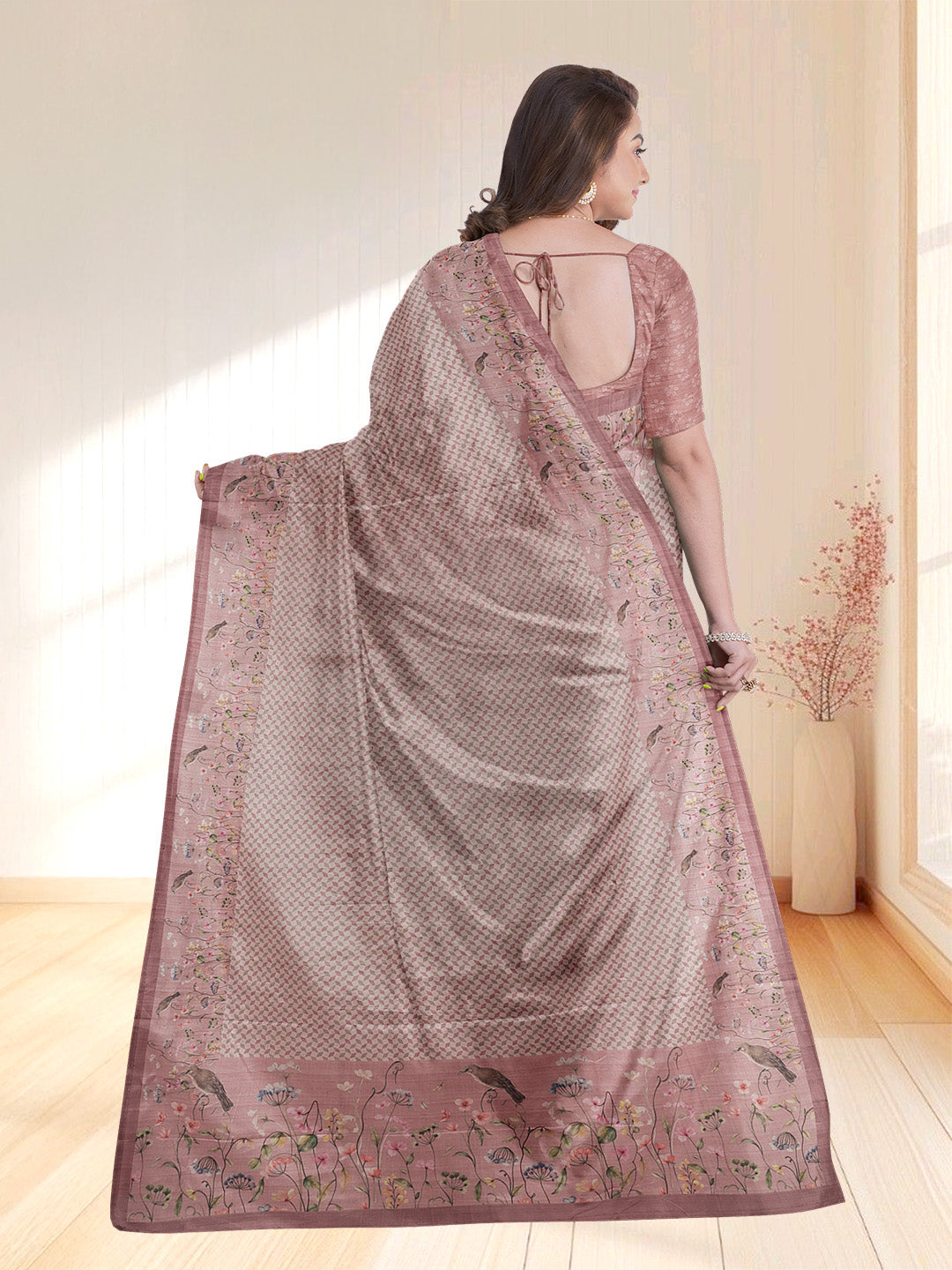 Women Peach Semi Tussar Printed Saree ST253