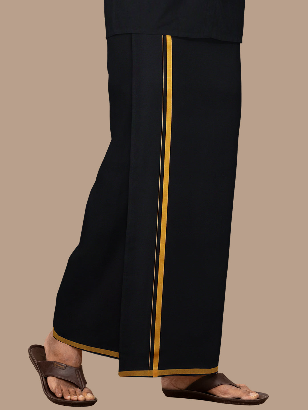 Men Cotton Blend Single Layer Black Dhoti with Gold Jari Border Cosmic