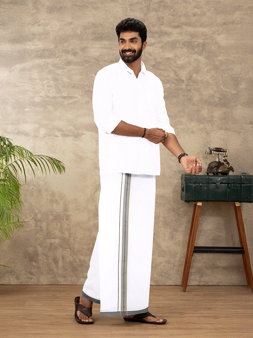 Men Cotton Blend Single Layer White Dhoti with Fancy Jari Border WGF14