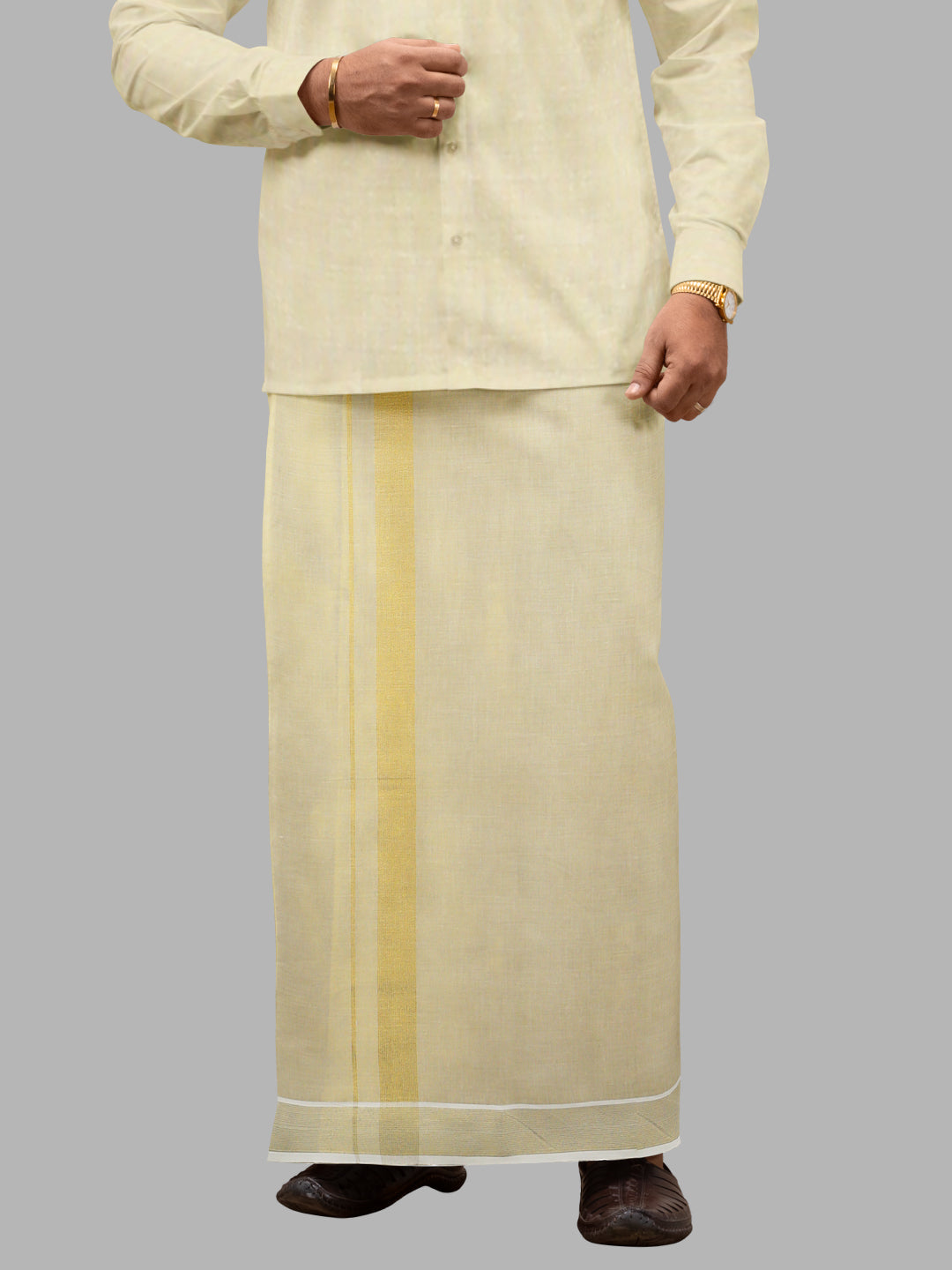 Men Tissue Double Layer Gold Dhoti with Fancy Jari Border
