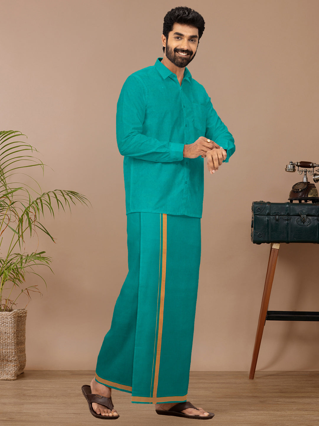 Men Cotton Blend Single Layer Green Dhoti & Towel Set with Assorted Border Poojan