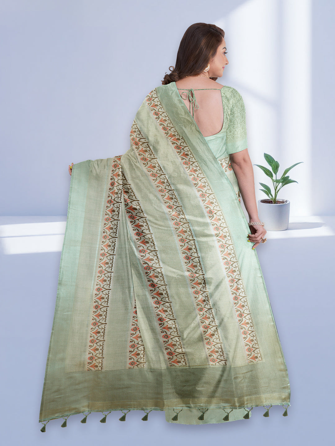 Women Pista Green Semi Tussar Printed Saree ST281