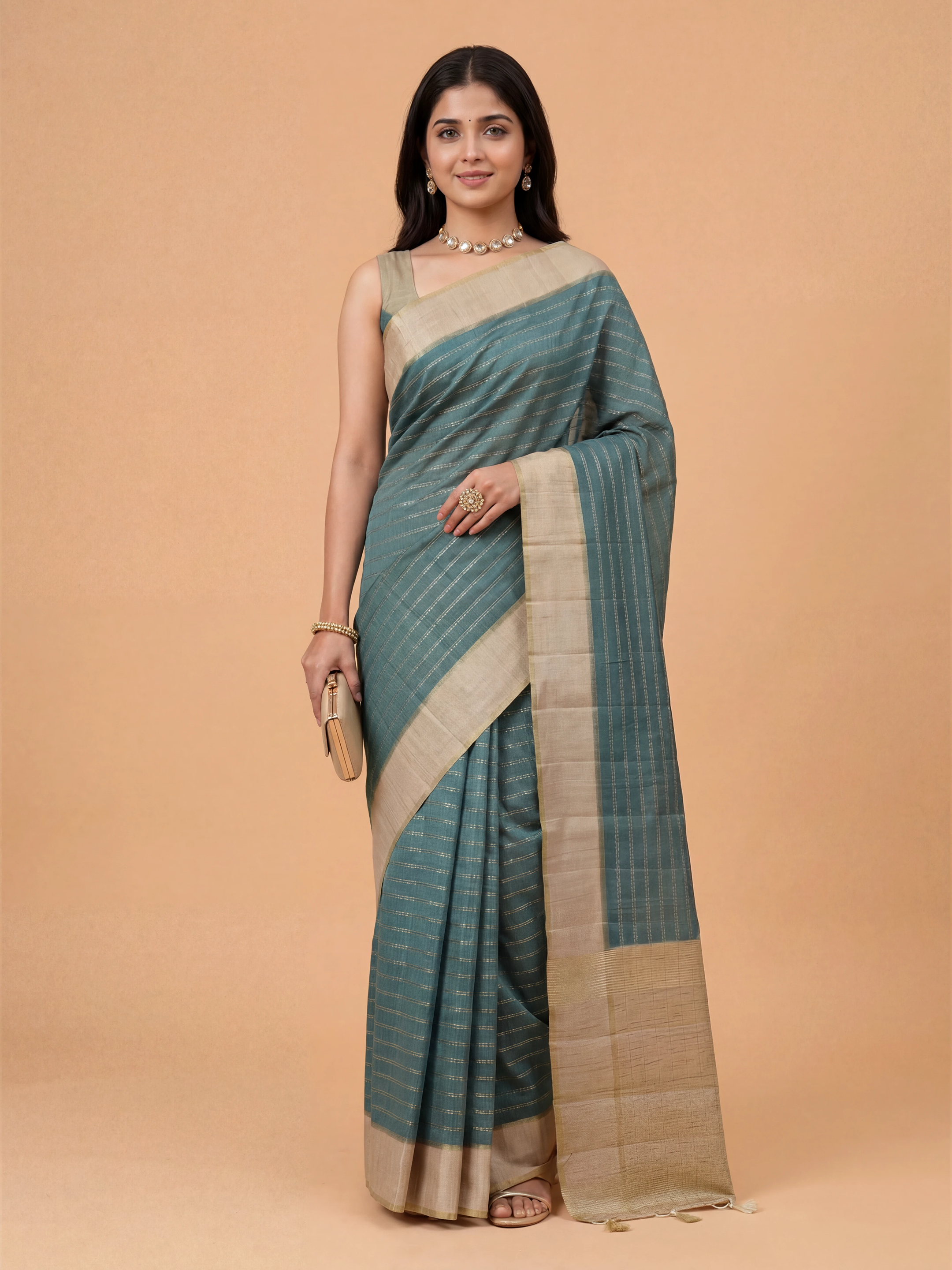 Women Semi Tussar Teal Green Saree ST333