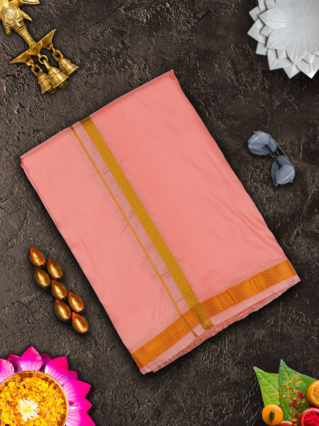 Mens Premium Art Silk Dark Pink Shirting & Gold Jari Border Panchakacham Set 9+5 Ashirwath-View one