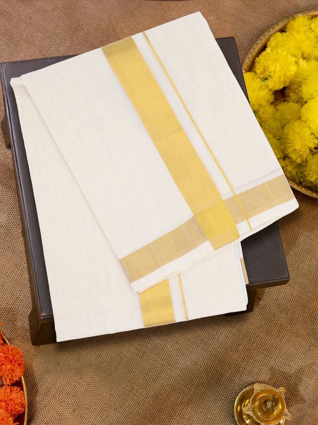 Men Premium Handloom Cream Dhoti with Jari Border HLM63