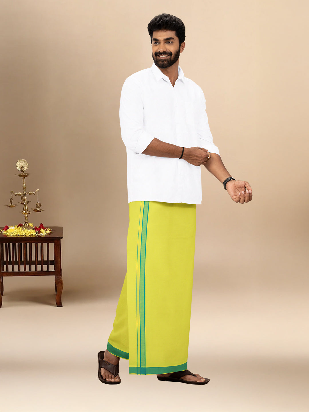 Men 100% Cotton Single Layer Lime Yellow Dhoti with Fancy Border Ahimsa