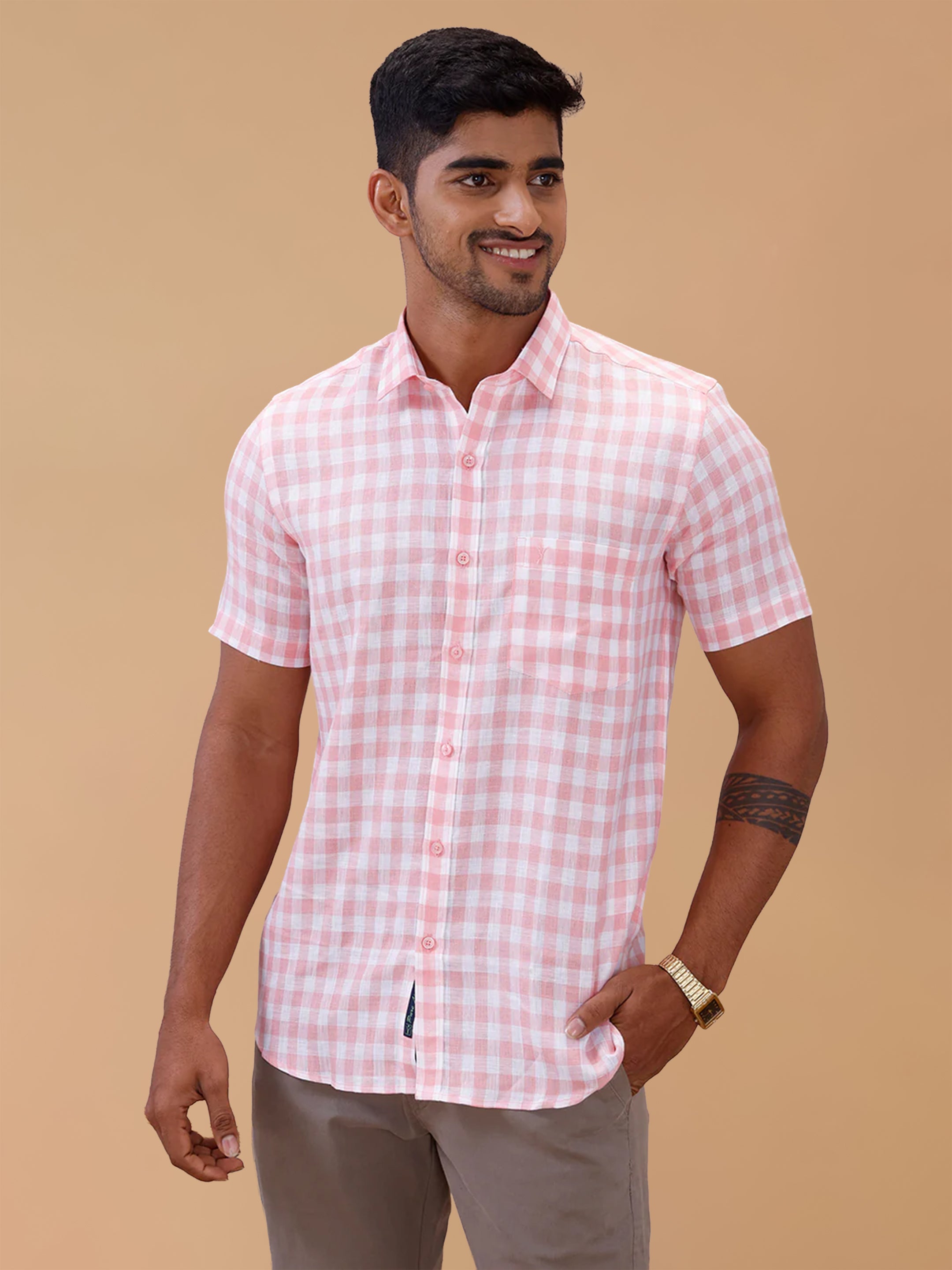 Pure Linen Rose Bud Checked Smart Fit Shirt LS2