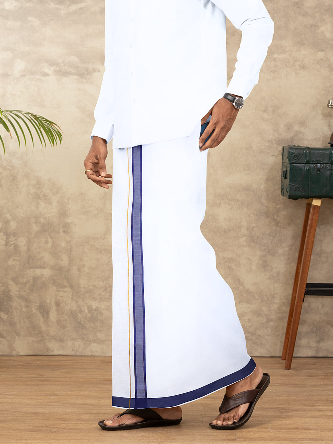 Men Cotton Blend Readymade Double Layer White Dhoti with Fancy Jari Border GFDA06