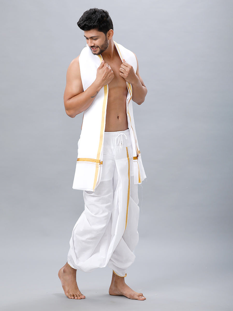 Mens Readymade Panchakacham With Angavastram White Prakaspathi 3/4"