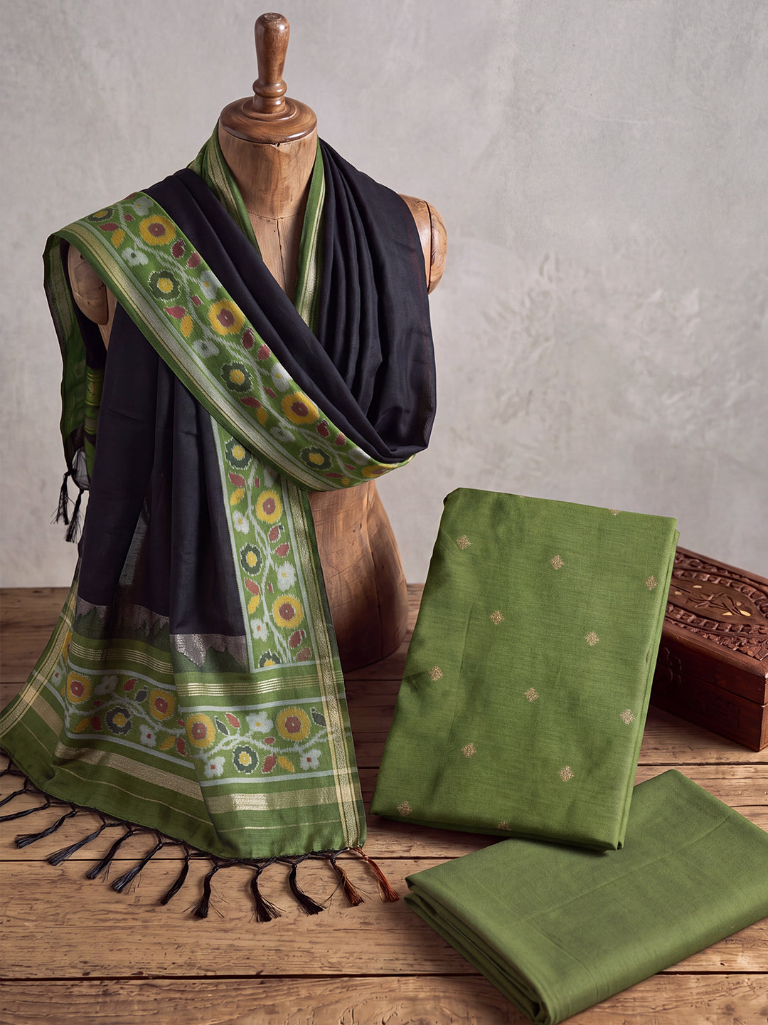 Women Semi Tussar Dress Material Green with Black DM368