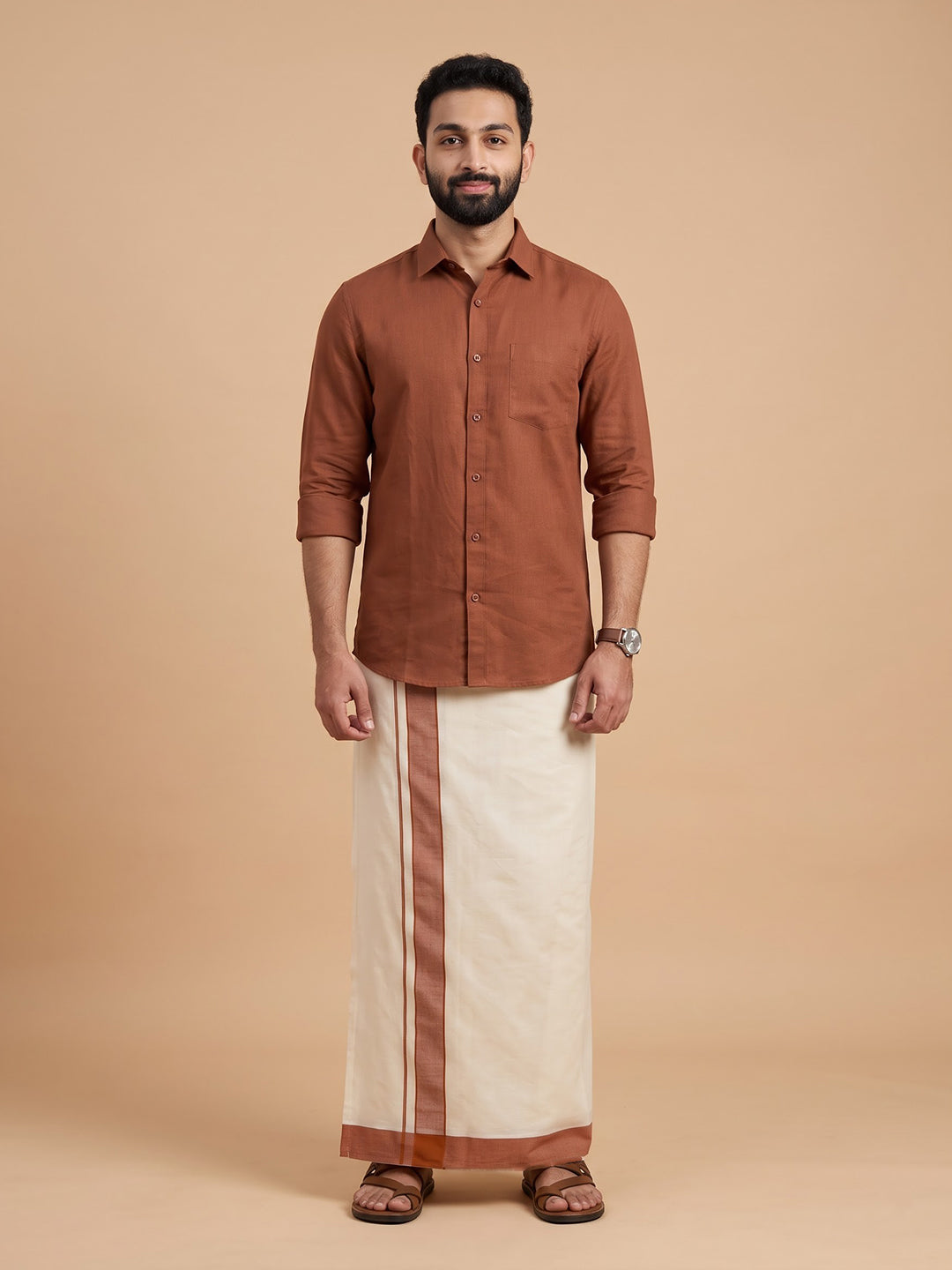 Double Layer 100% Cotton Cream Kora Dhoti with Colour Border - GK02