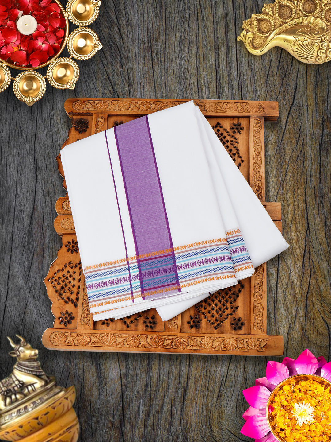 Mens White Panchakacham with Angavasthram Purple Fancy Border Srirasthu (9+5)