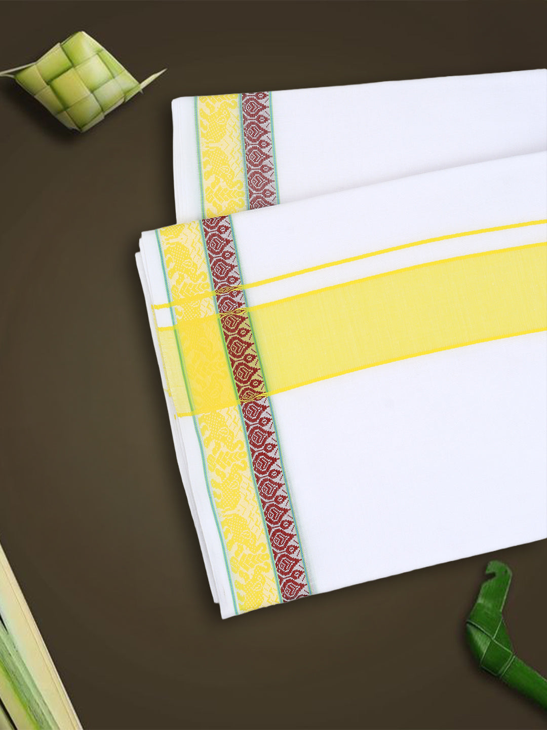 Men Cotton Yellow Fancy Border Panchakacham with Angavasthram (9+5) JD06