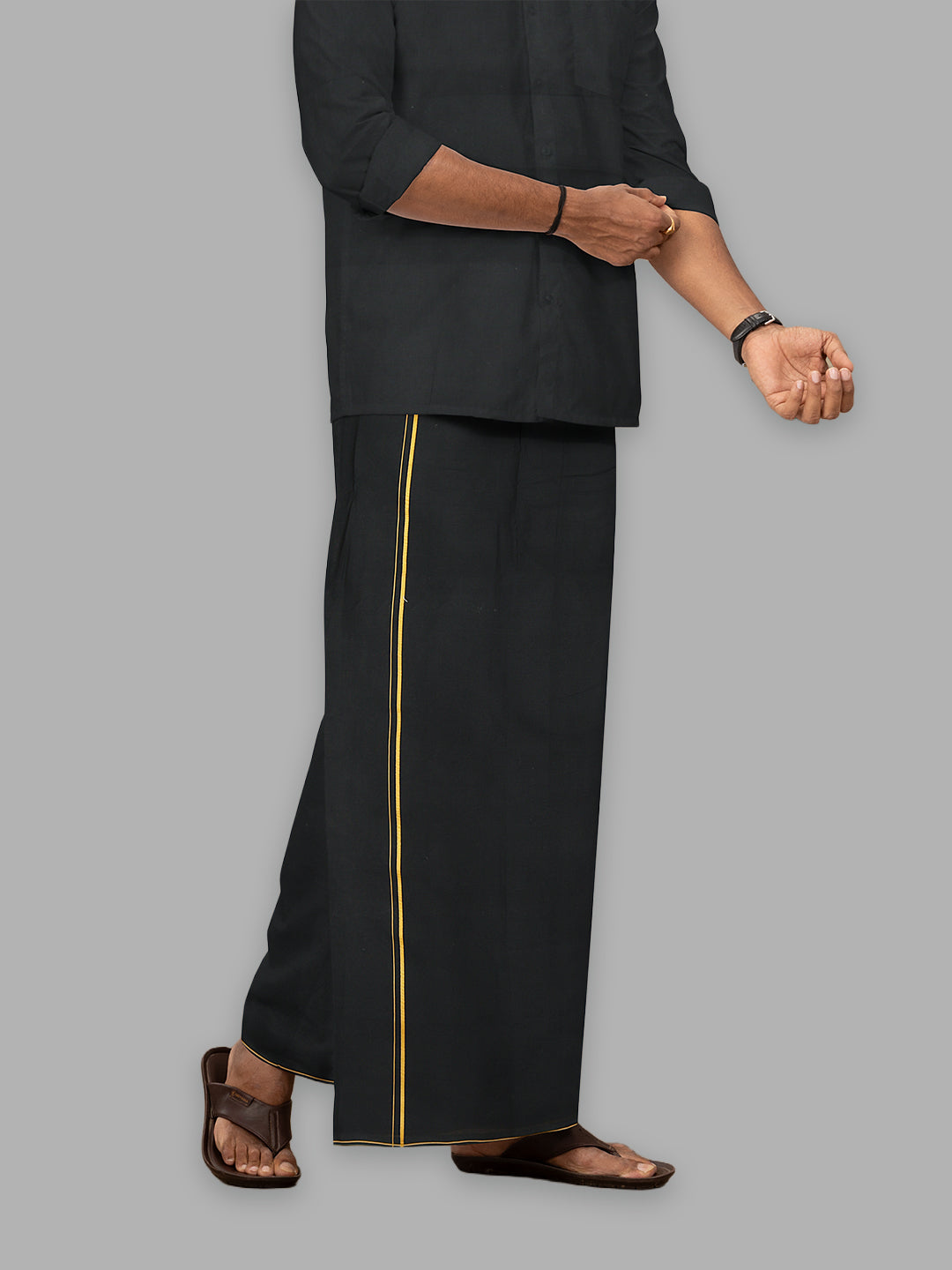 Men Cotton Blend Single Layer Black Dhoti & Towel Set with Yellow Small Border Sudhan