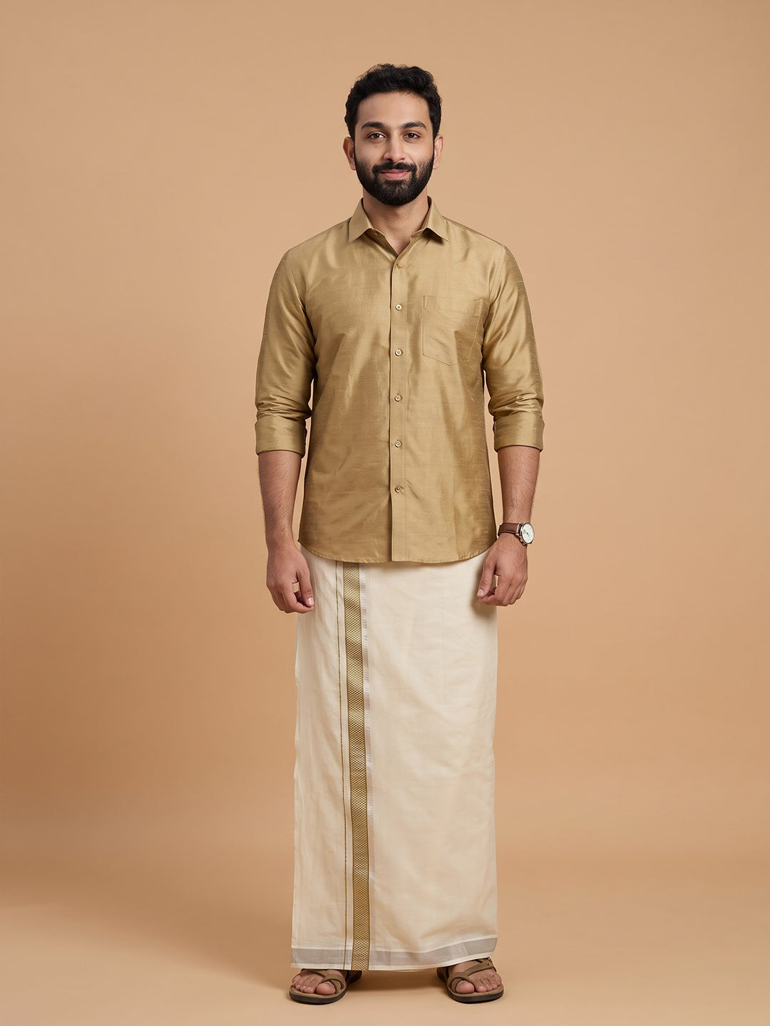 Double Layer Giza Cotton Cream Kora Dhoti with Colour Jari Border - LC40