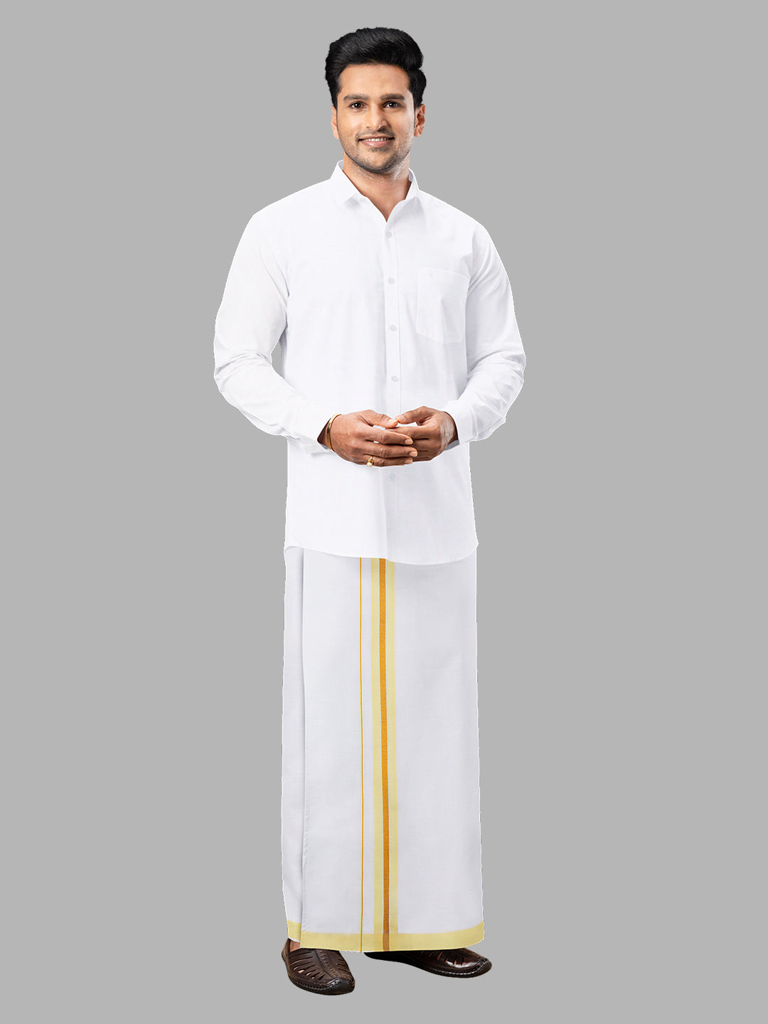 Men Cotton Blend Readymade Single Layer White Dhoti with Fancy Jari Border GACJ28