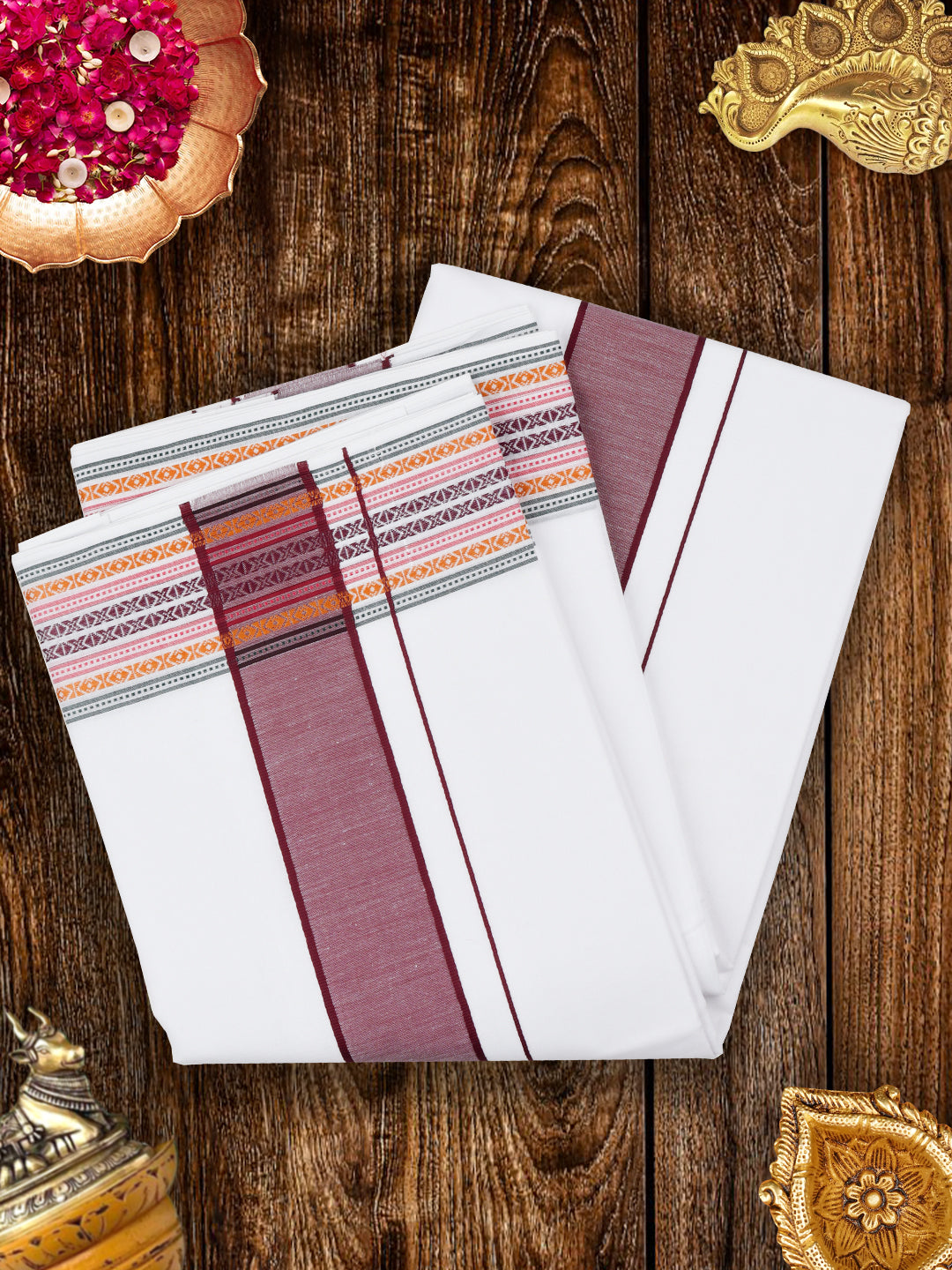 Mens White Panchakacham with Angavasthram Maroon Fancy Border Srirasthu (9+5)-View one