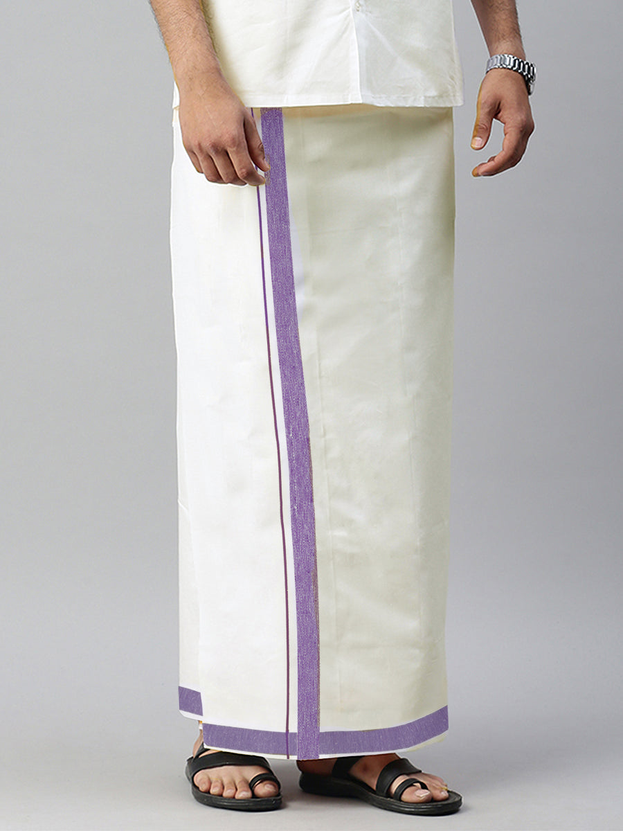 Mens Kora Cream Double Dhoti with Violet Redfort Fancy Border-Front view