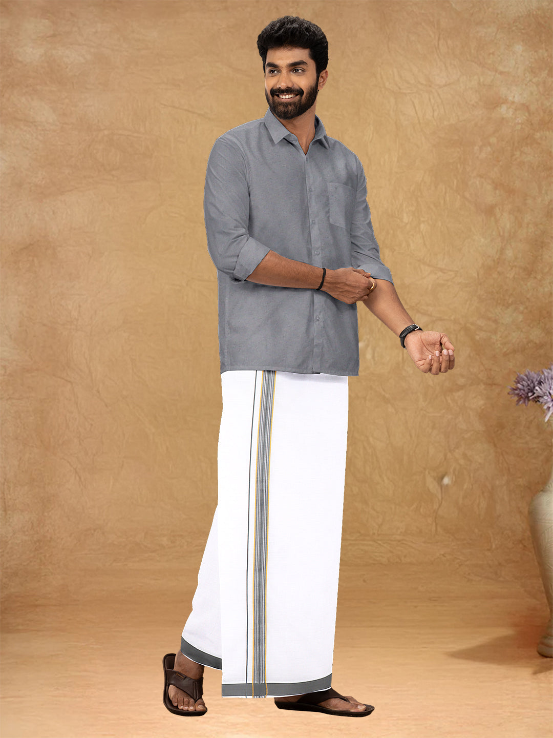 Couple Combo Shirt & Dhoti Set with Saree Grey PCS184