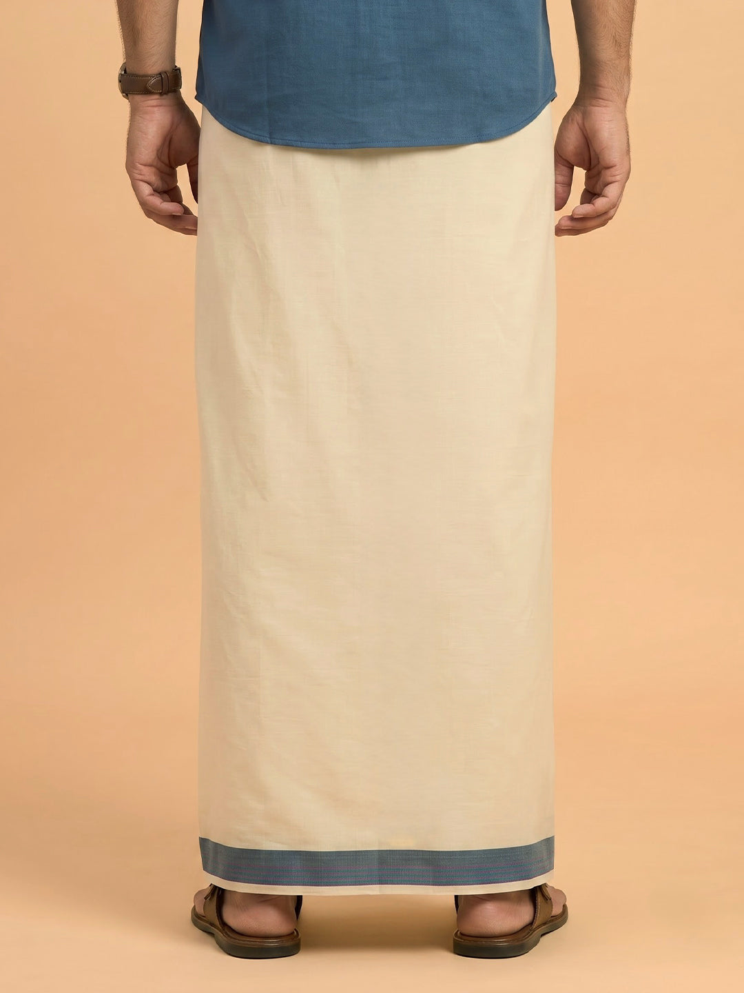 Double Layer Premium Handloom Cream Dhoti with Colour Border - HLM120