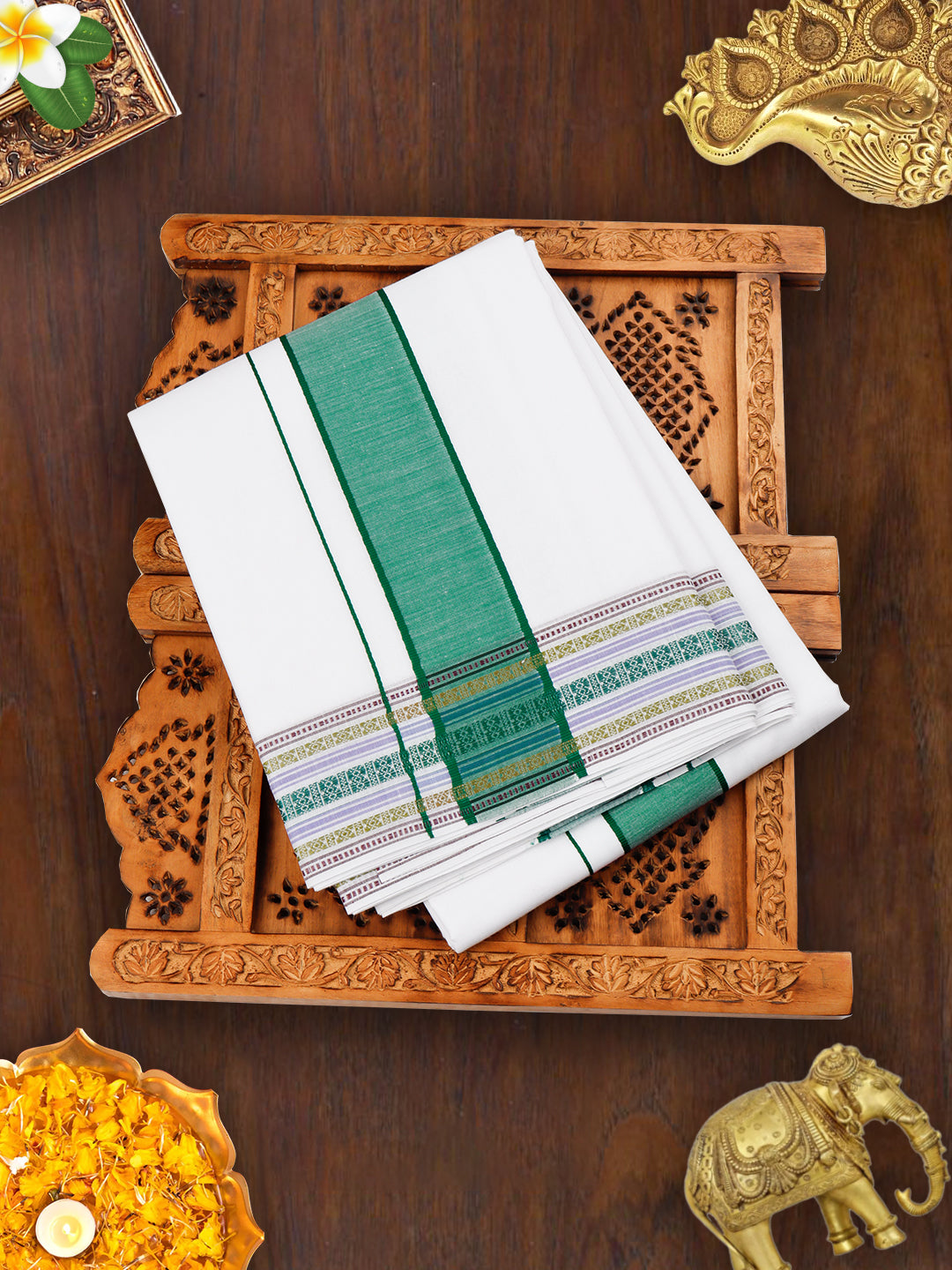 Mens White Panchakacham with Angavasthram Green Fancy Border Srirasthu (9+5)-View one