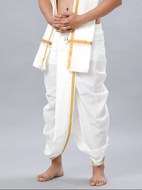 Men's Readymade Cream Panchakacham & Angavastram with Gold Jari Border Aashan