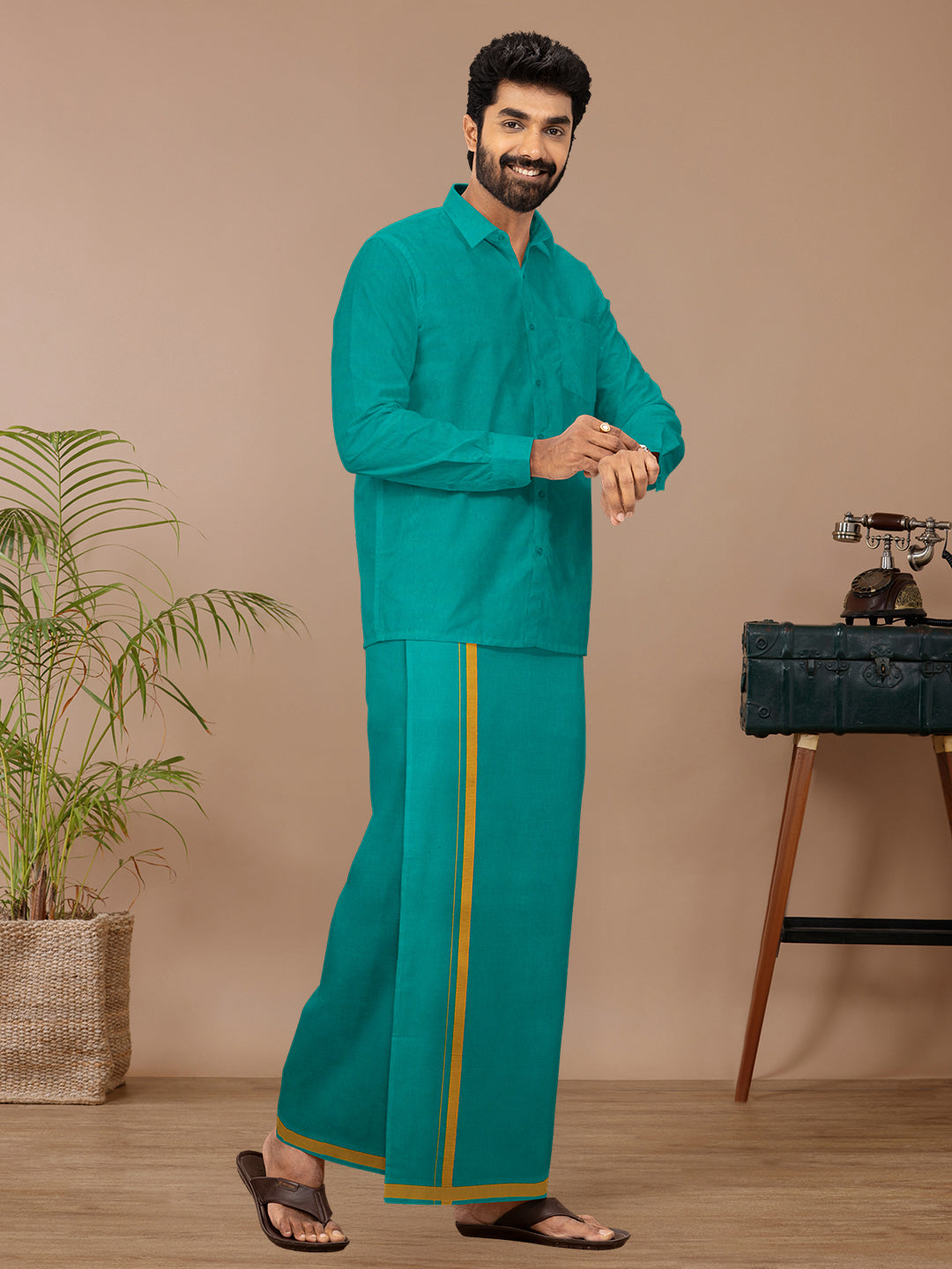 Men Cotton Blend Single Layer Green Dhoti with Big Border Poojan
