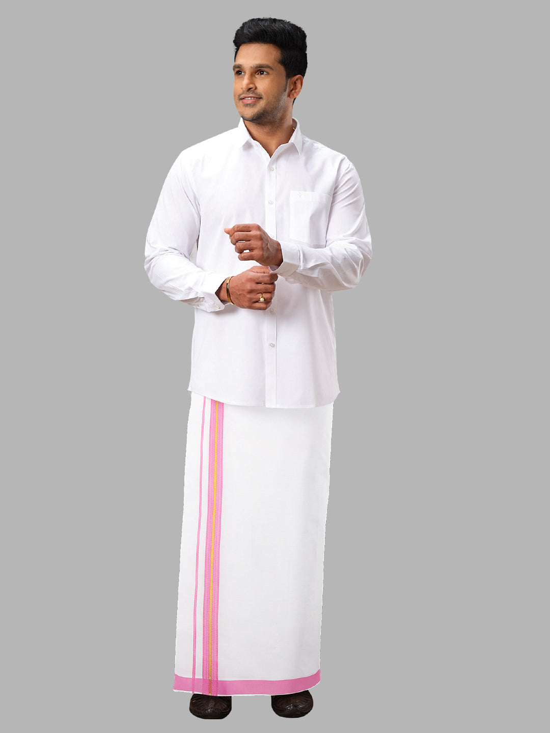 Men Cotton Blend Readymade Single Layer White Dhoti with Fancy Jari Border GACJ08