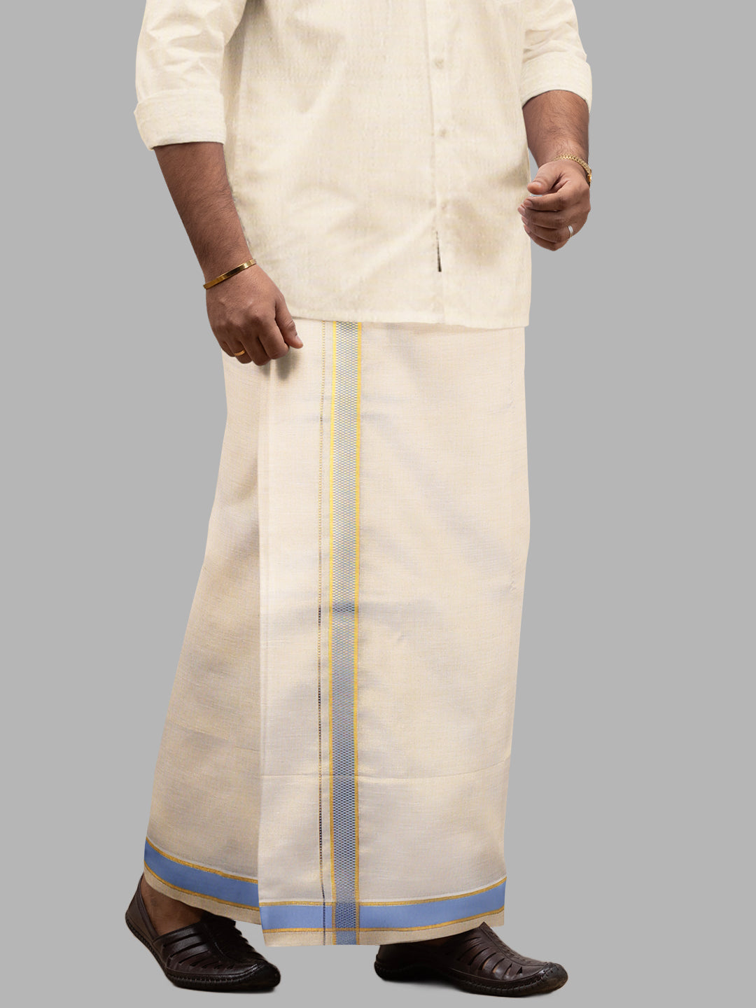 Men Tissue Single Layer Dhoti Gold with Fancy Jari Border
