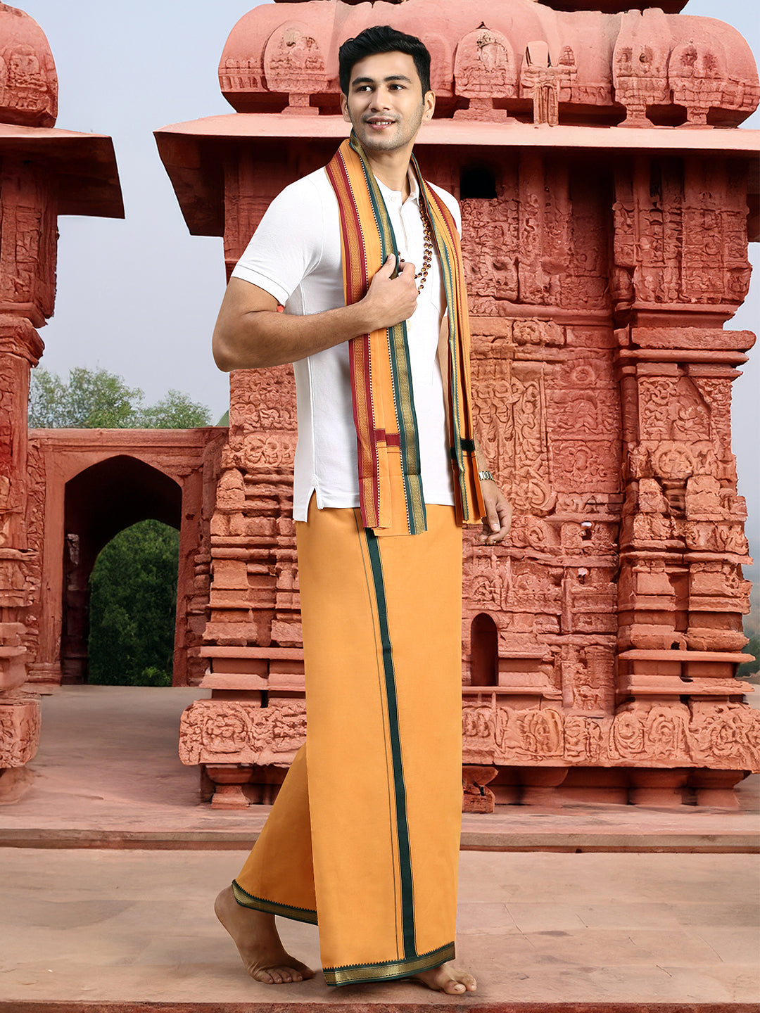 Men Devotional Mayilkhan Border Dhoti with Towel & TShirt Set Kaavi EP1