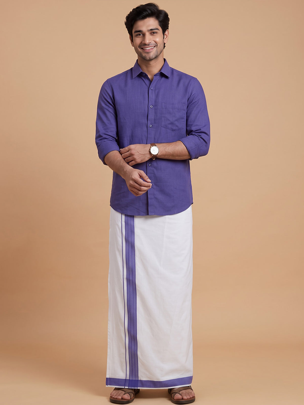 Double Layer Cotton White Dhoti With Colour Border - RFF02