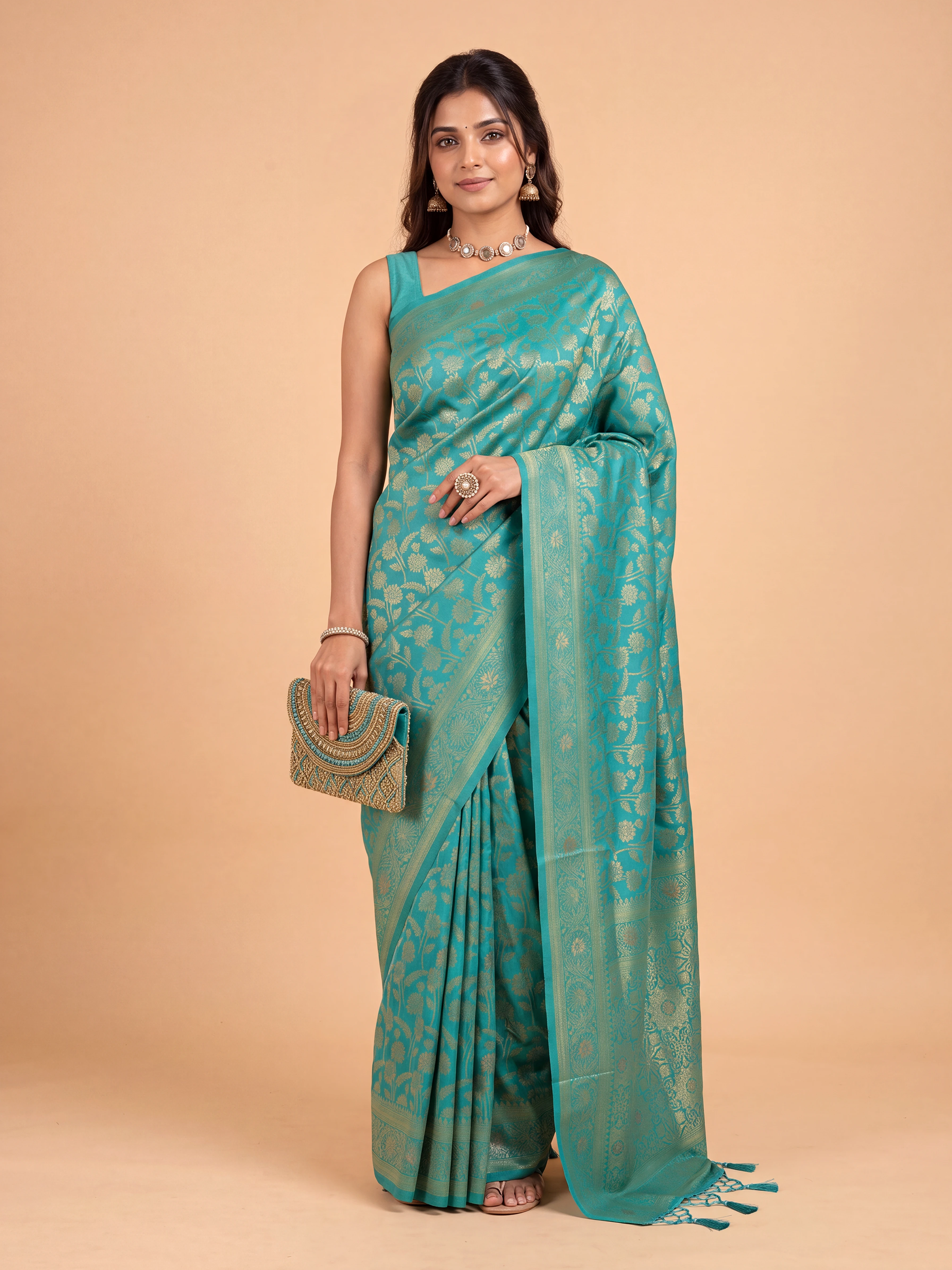 Women Semi Tussar Aqua Green Saree ST355