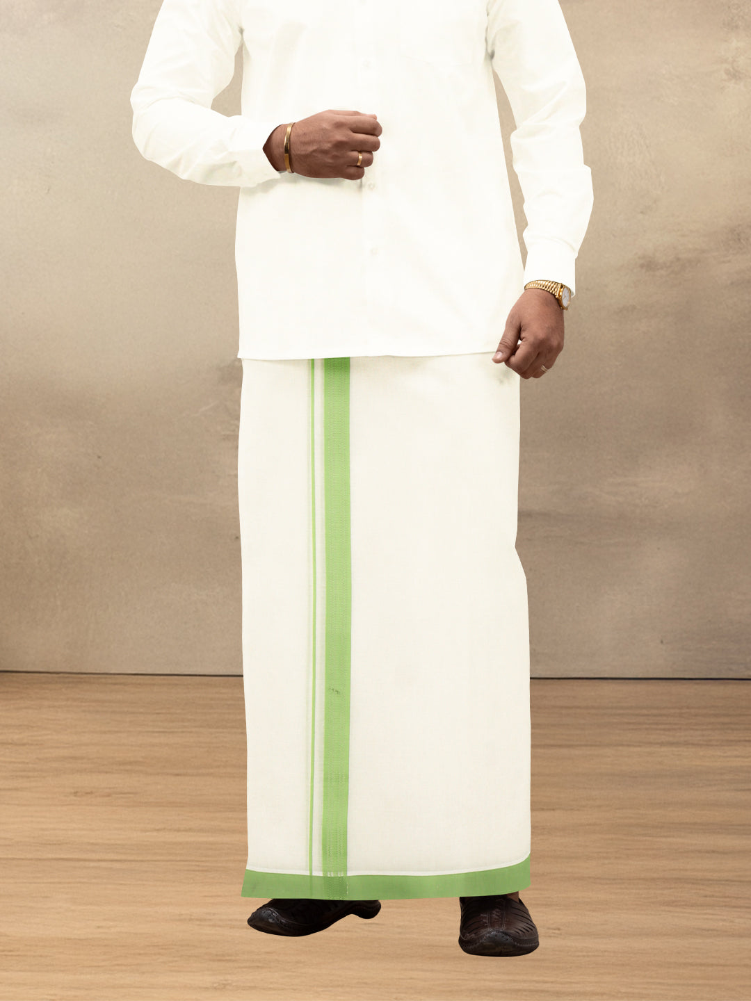 Men Kora Cotton Double Layer Dhoti with Green Fancy Border VKF06