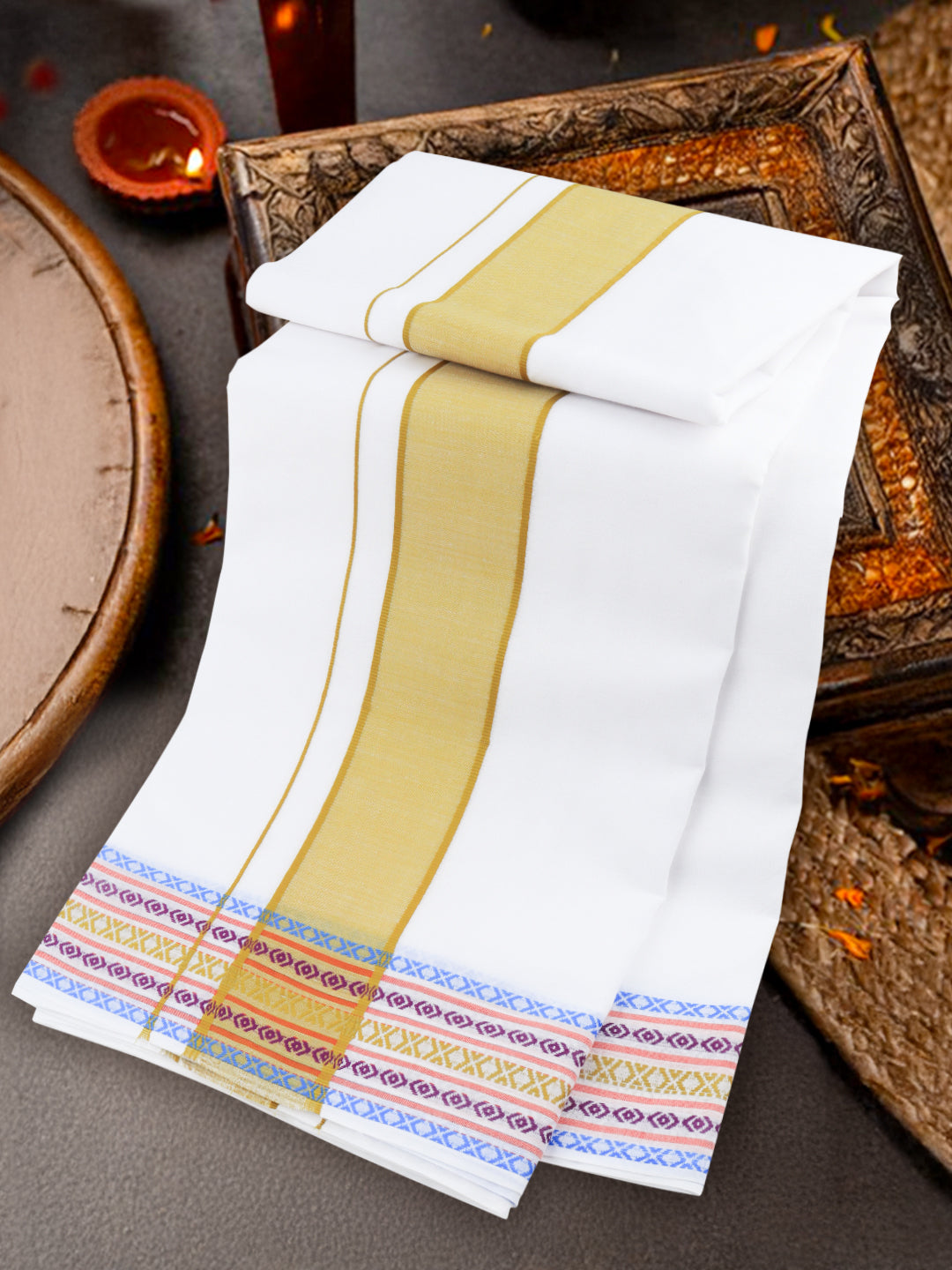 Men Cotton Green Fancy Border Panchakacham with Angavasthram Srirasthu(9+5) SR52