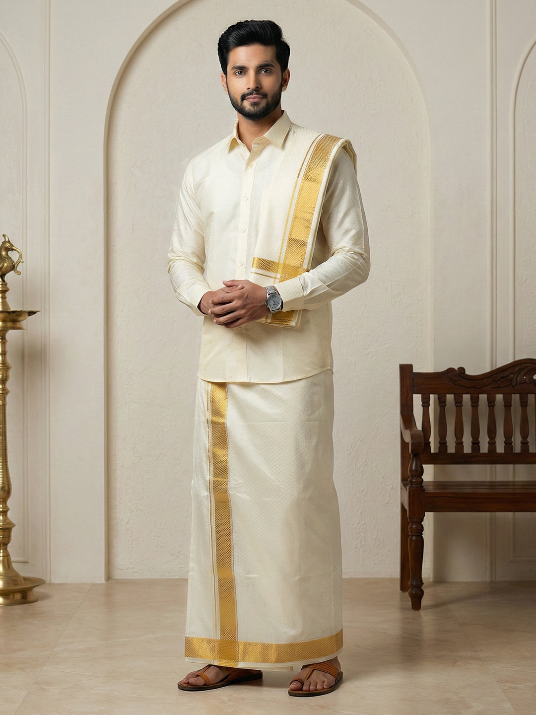 Men Art Silk Self Design Shirt with Readymade Dhoti & Towel Set Cream CRJD2