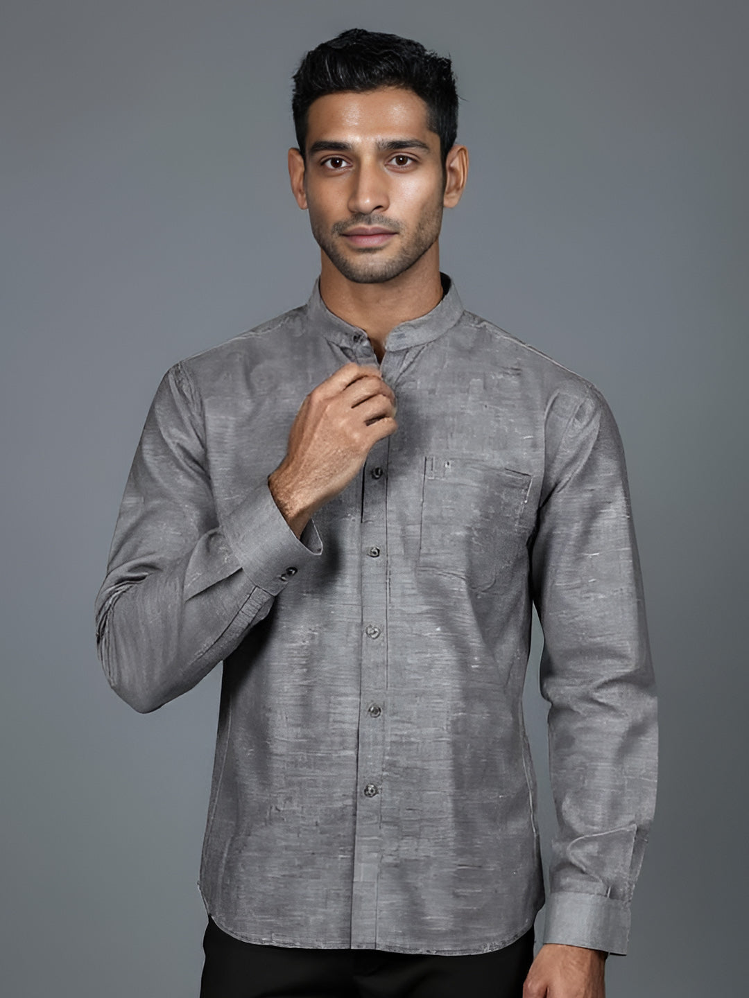 Men Grey Linen Cotton Chinese Collar Shirt LF7