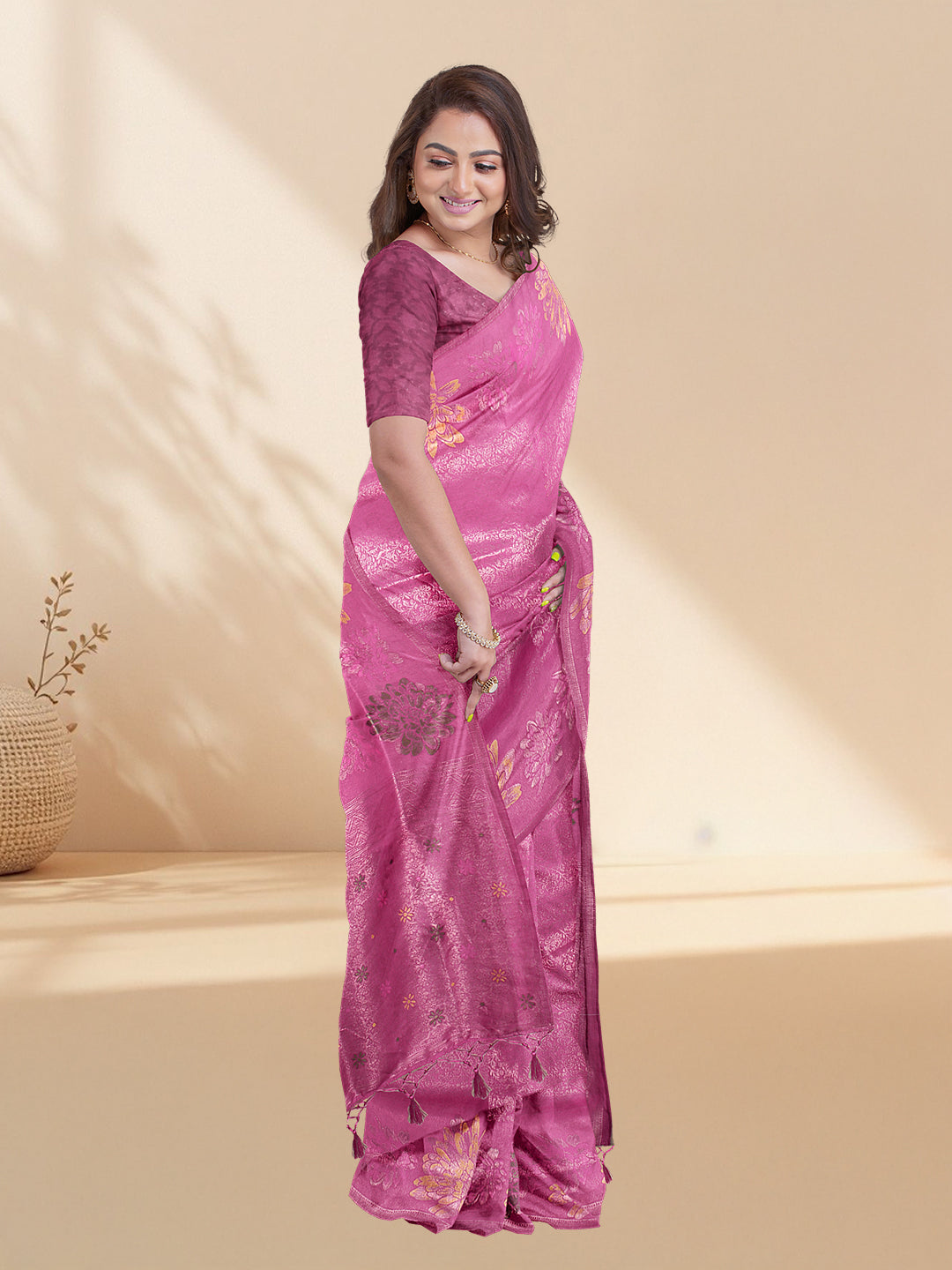 Women Pink Semi Mysore Silk Saree SS372