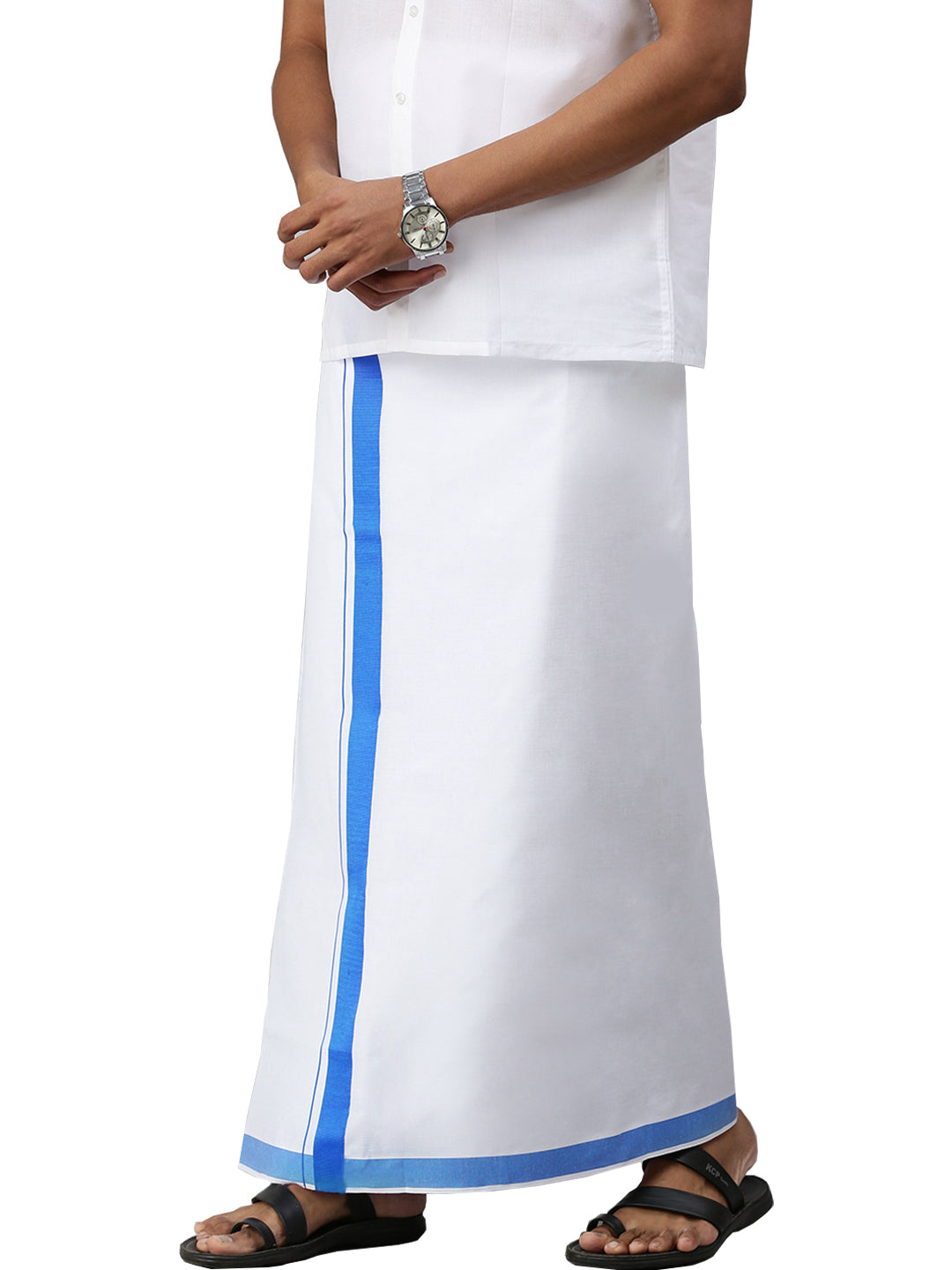 Men Cotton Blend Single Layer White Dhoti with Big Border WS02