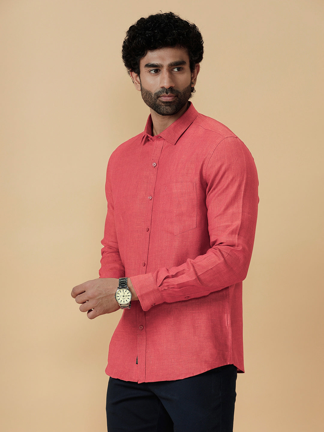 Men Pure Linen Vivid Red Shirt L14