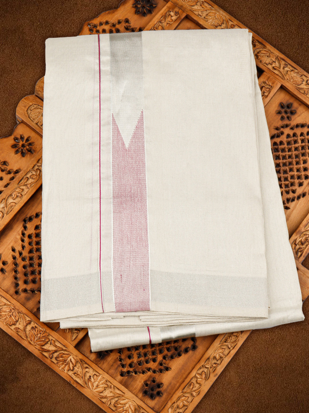 Mens Premium Handloom Tissue Double Dhoti with Silver Jari Border 110004-5