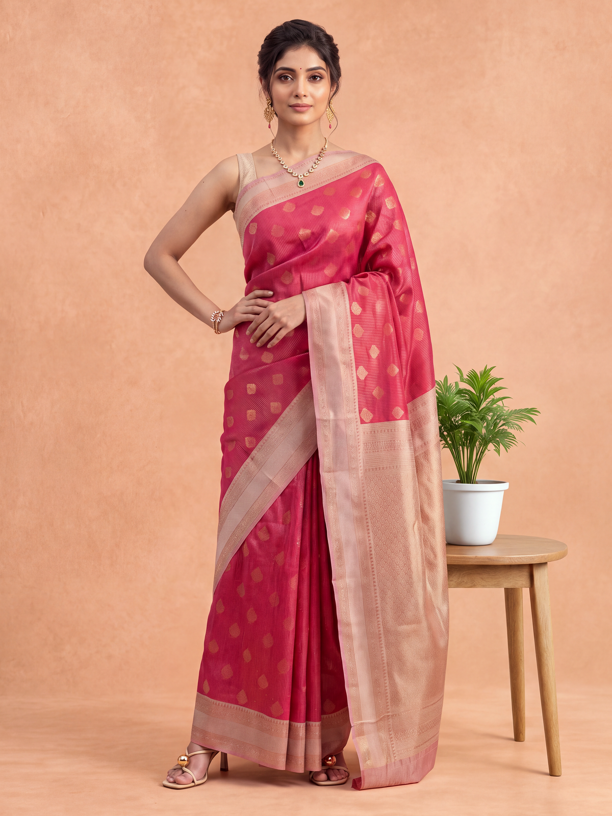Women Art Silk Dark Pink Saree ASS161