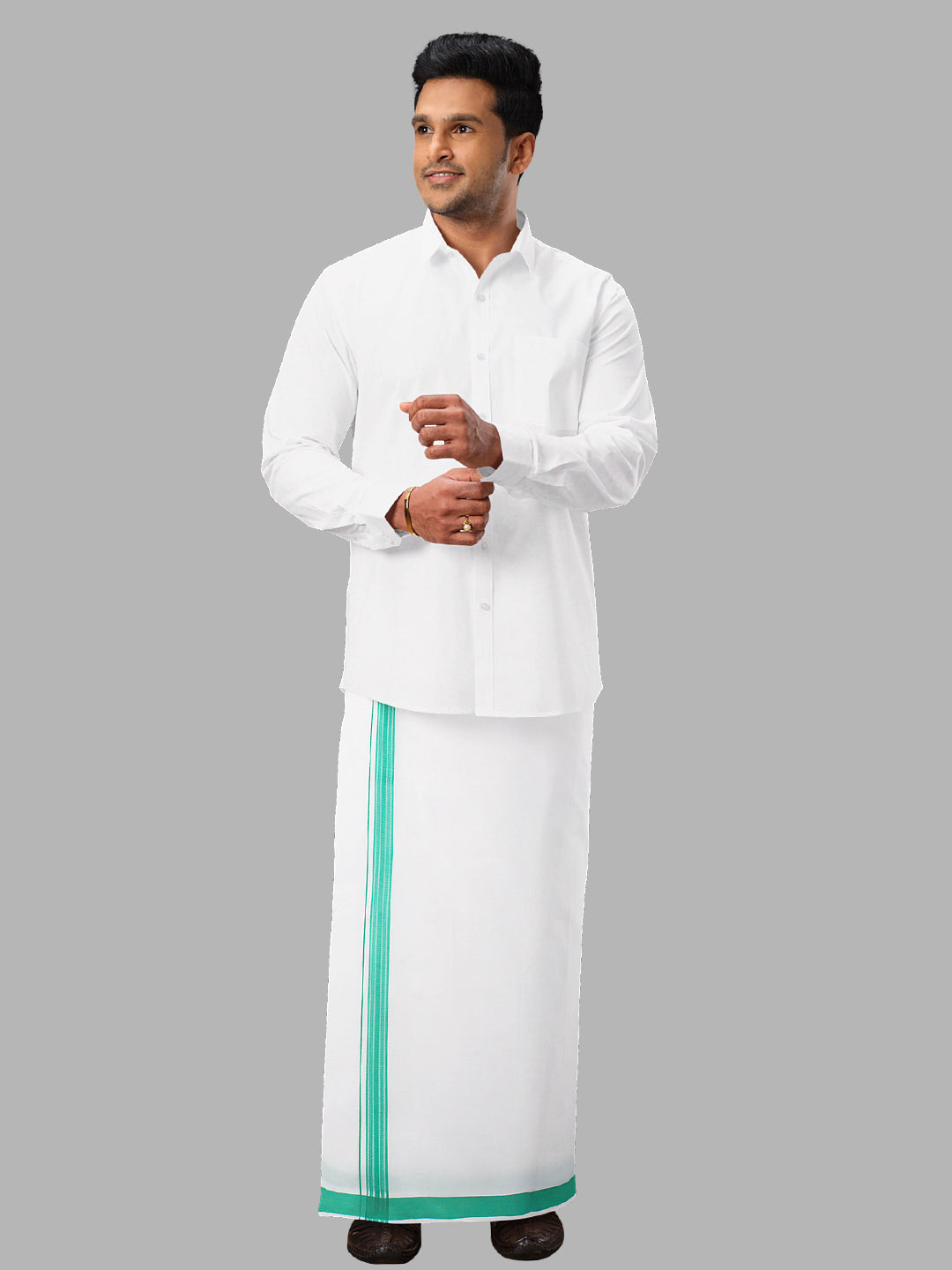 Men Cotton Blend Readymade Single Layer White Dhoti with Fancy Border GACF11