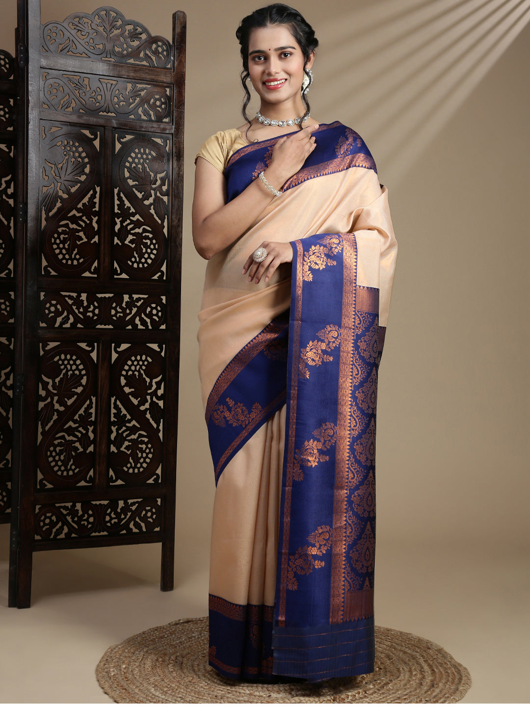 Women Sandal Tissue Saree with Navy Border TS60