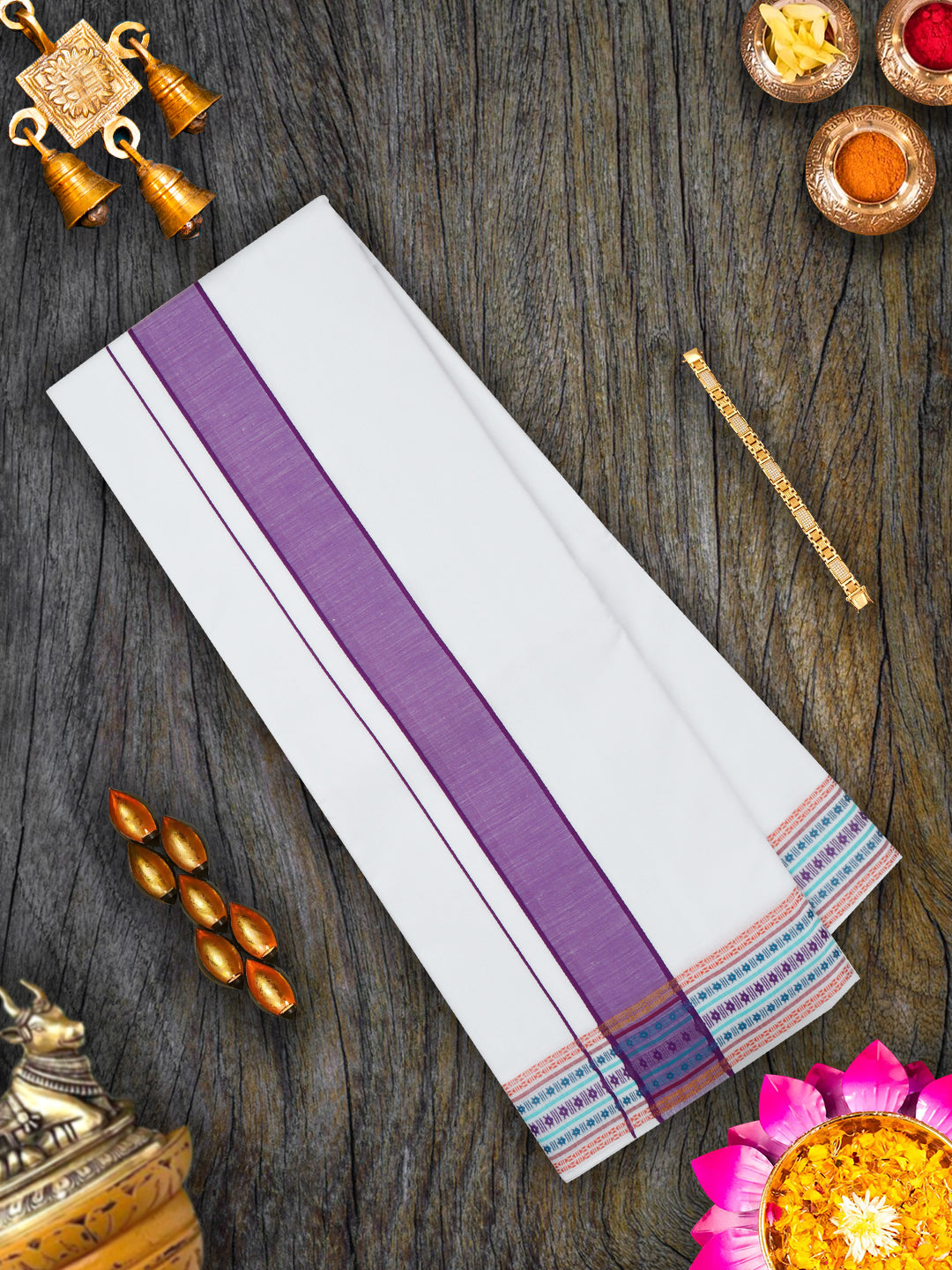 Mens White Panchakacham with Angavasthram Purple Fancy Border Srirasthu (9+5)-View one